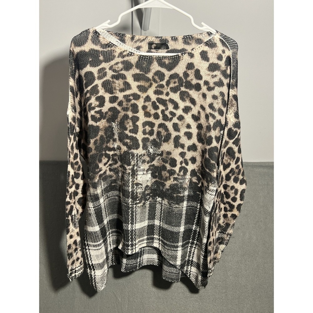 M Made in Italy Women's Leopard Print Plaid Knit Sweater Top Oversized Boho